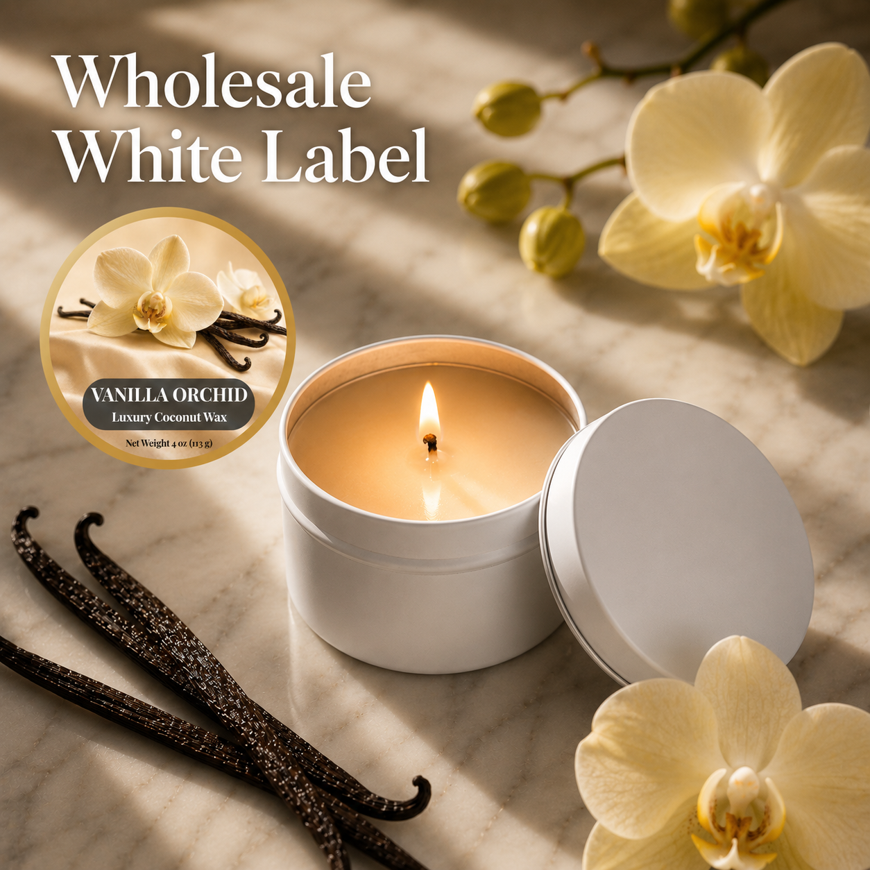 Wholesale White Label / Vanilla Orchid 4 oz. Tin Candles 3 / 6 / 12