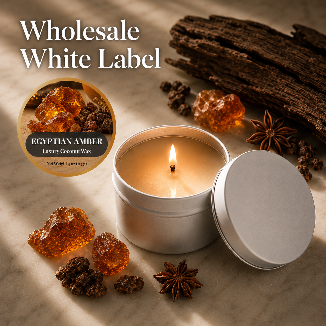 Wholesale White Label / Egyptian Amber 4 oz. Tin Candles 3 / 6 / 12