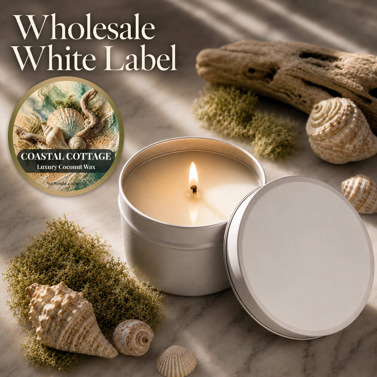 Wholesale White Label / Coastal Cottage 4 oz. Tin Candles 3 / 6 / 12