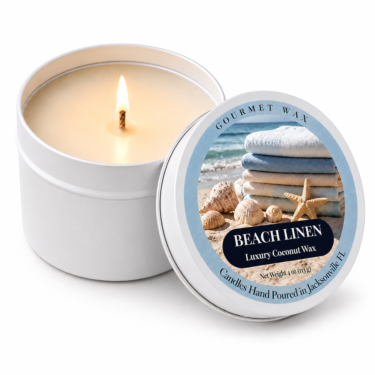BEACH LINEN / 4 oz. Luxury Candle / Tin Candle