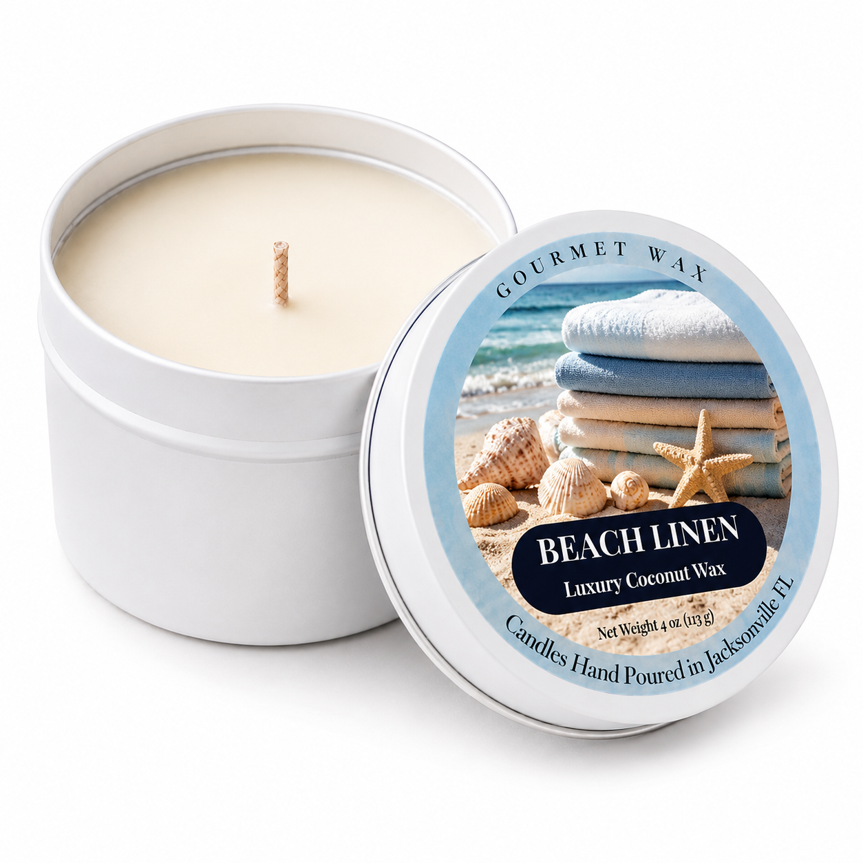 BEACH LINEN / 4 oz. Luxury Candle / Tin Candle