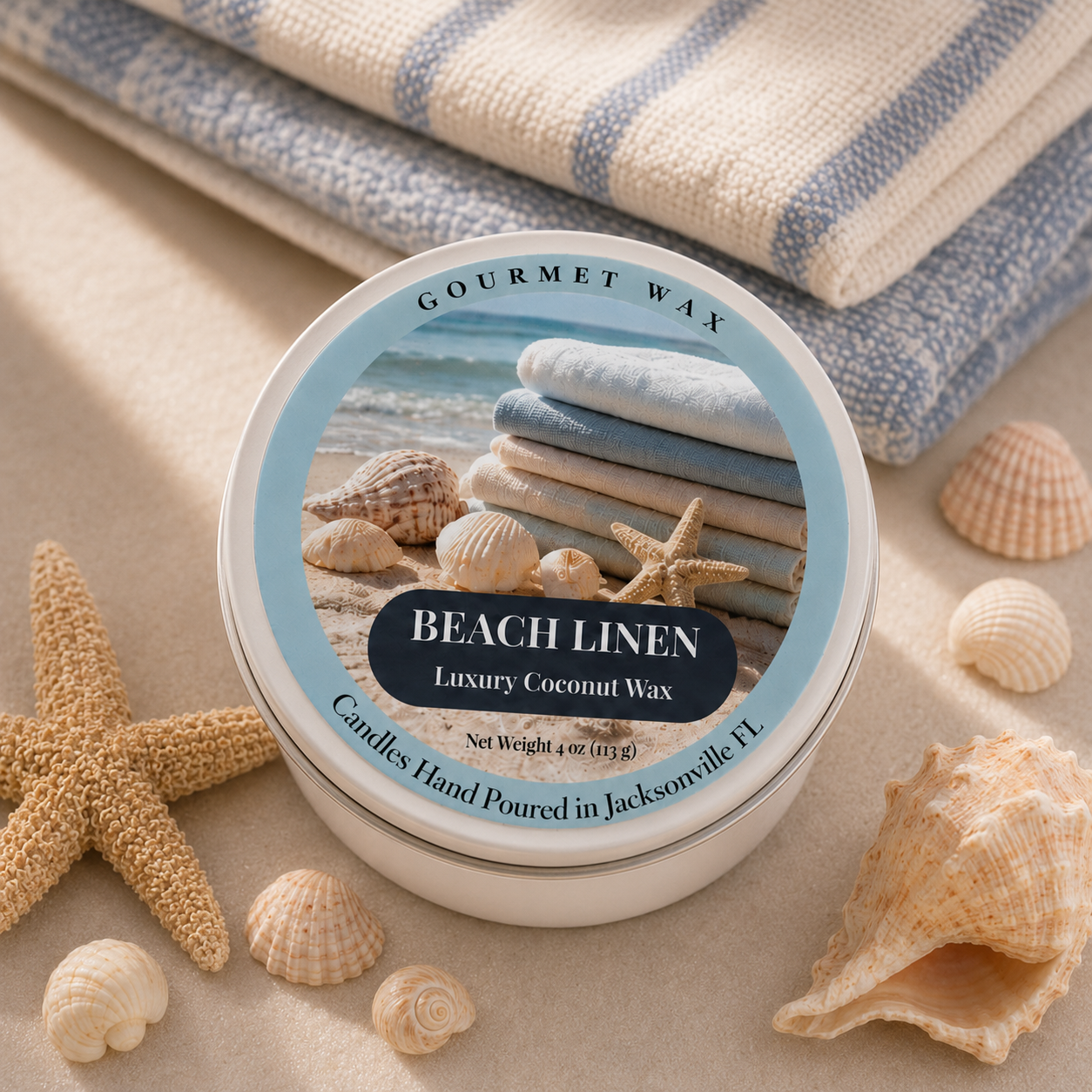 BEACH LINEN / 4 oz. Luxury Candle / Tin Candle