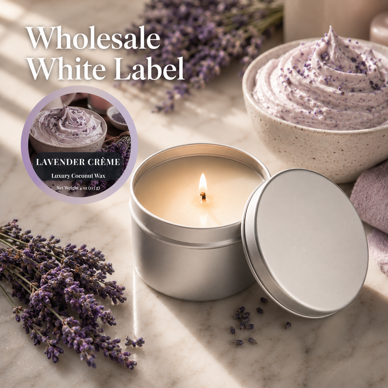 Wholesale White Label / Lavender Crème 4 oz. Tin Candles 3 / 6 / 12