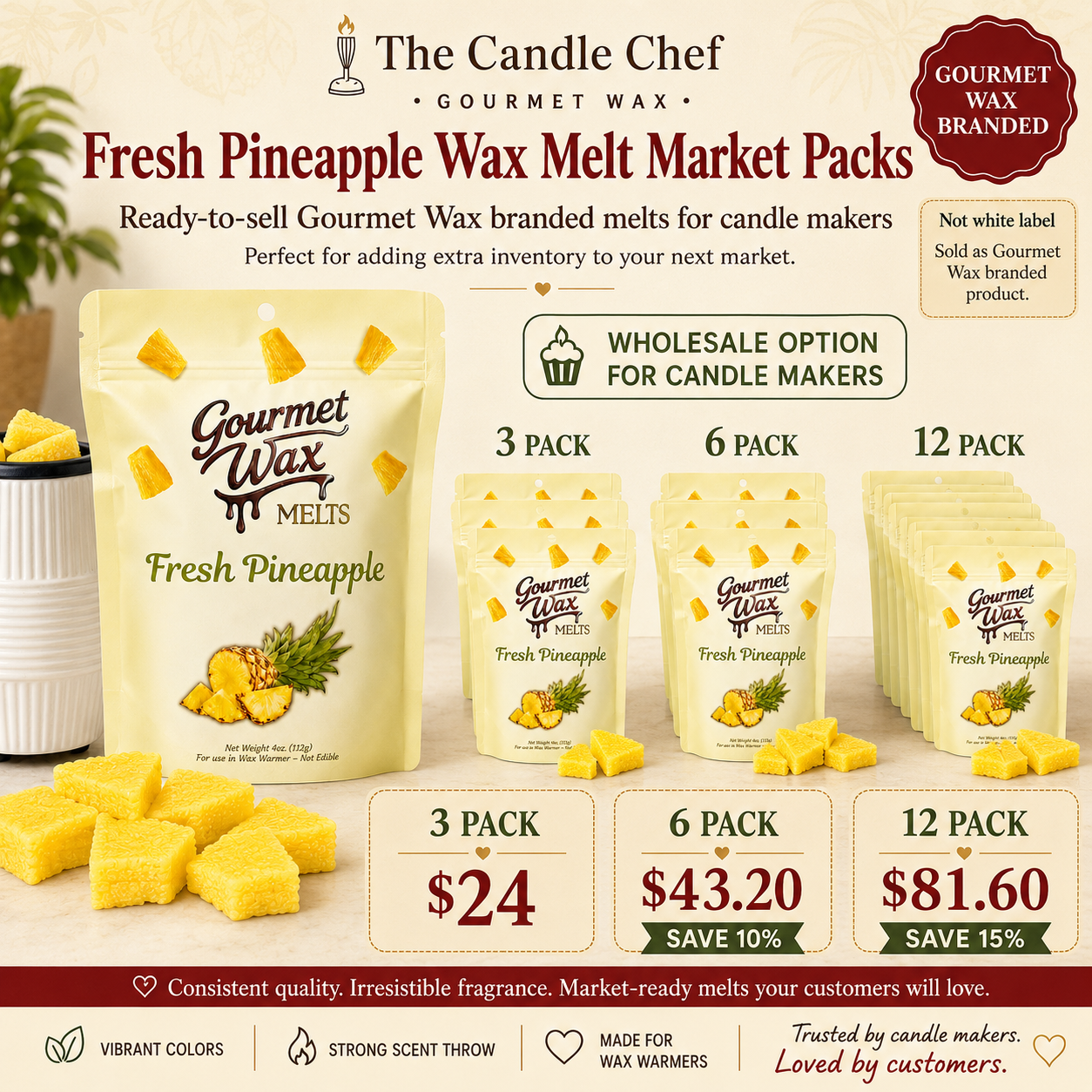 Wholesale Market Pack / Fresh Pineapple Wax Melts 3 / 6 / 12